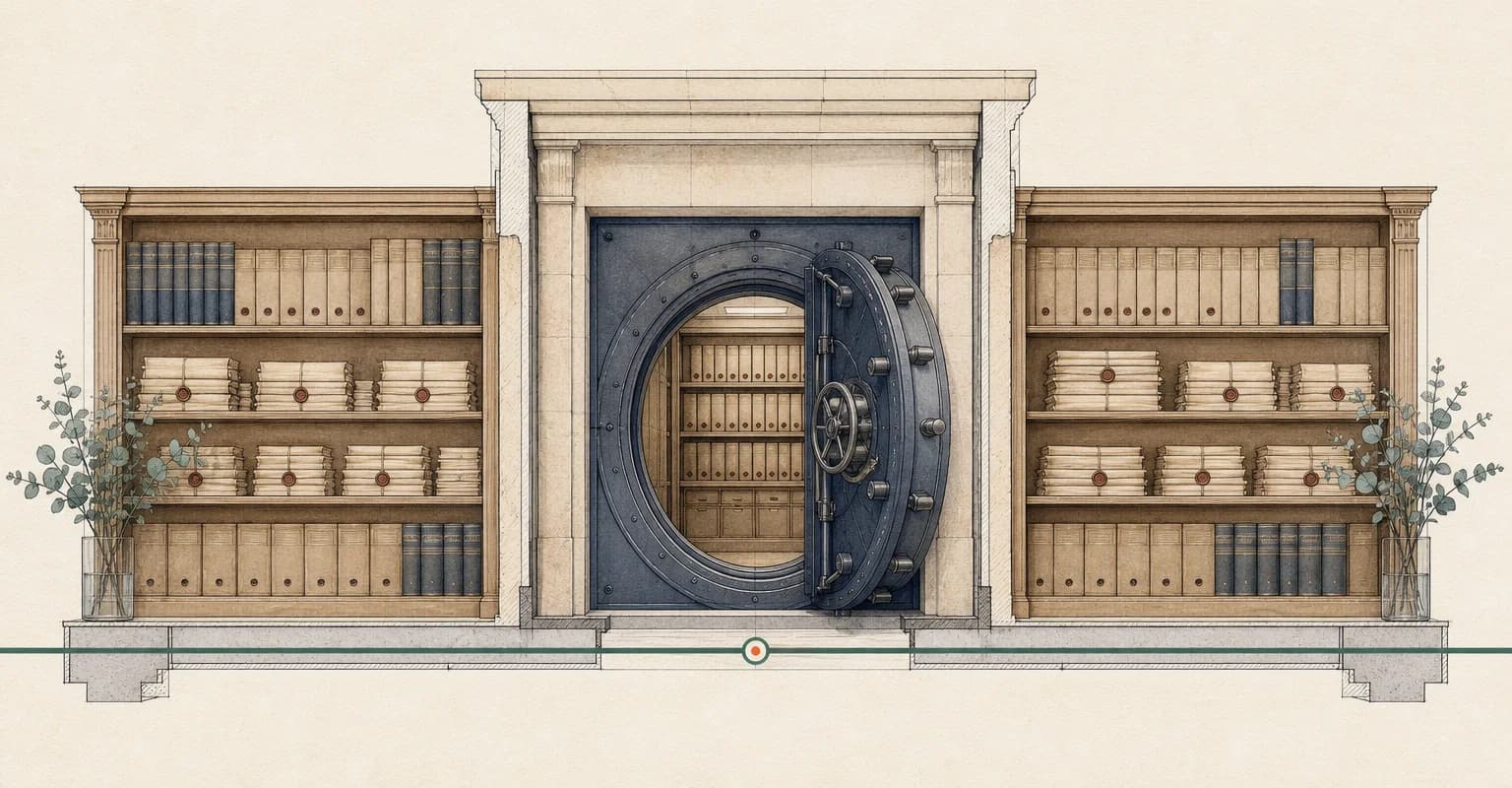 Hand-drawn records strongroom: an open vault flanked by shelves of sealed ledgers