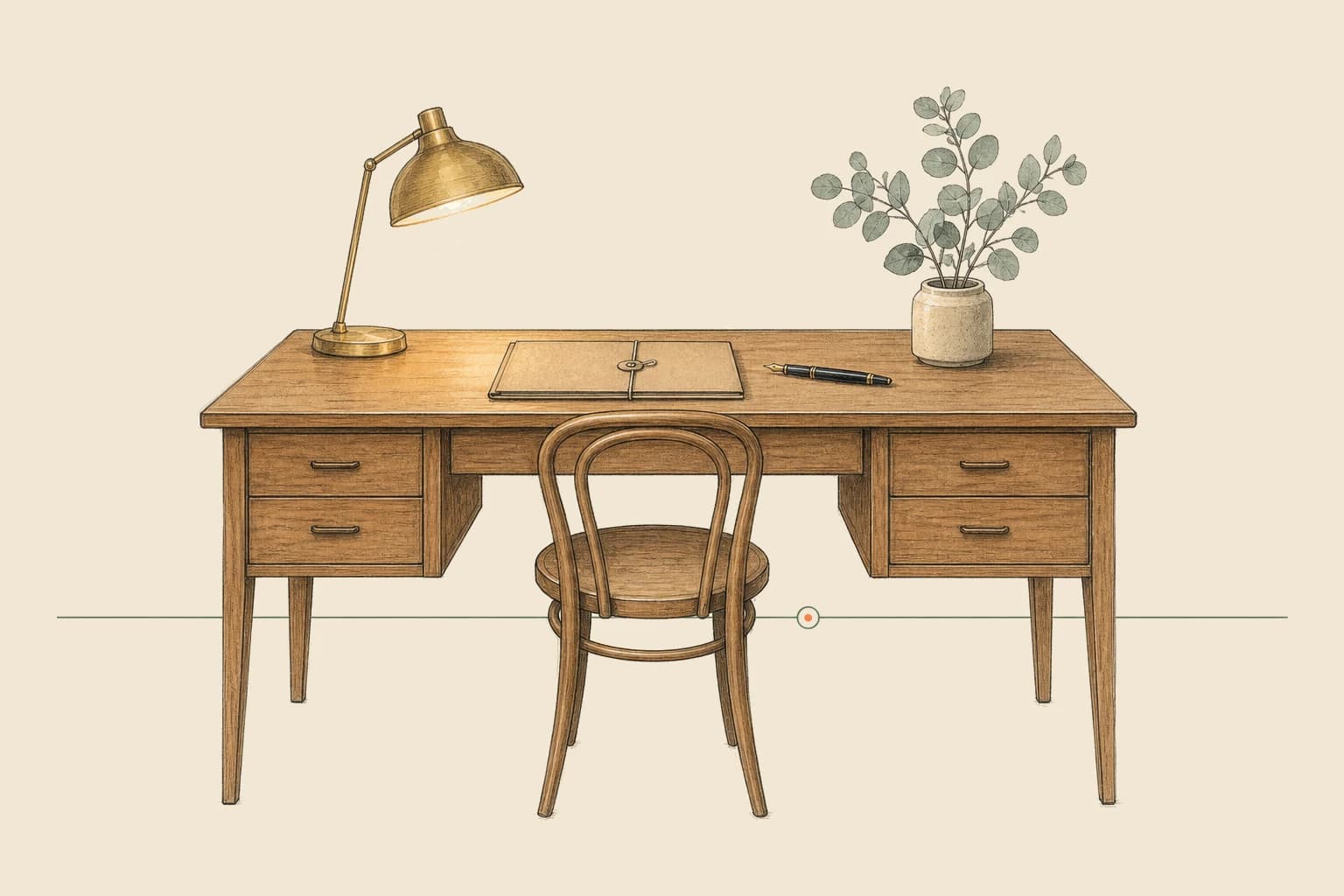 Hand-drawn broker's desk with a warm lamp and a signed folio