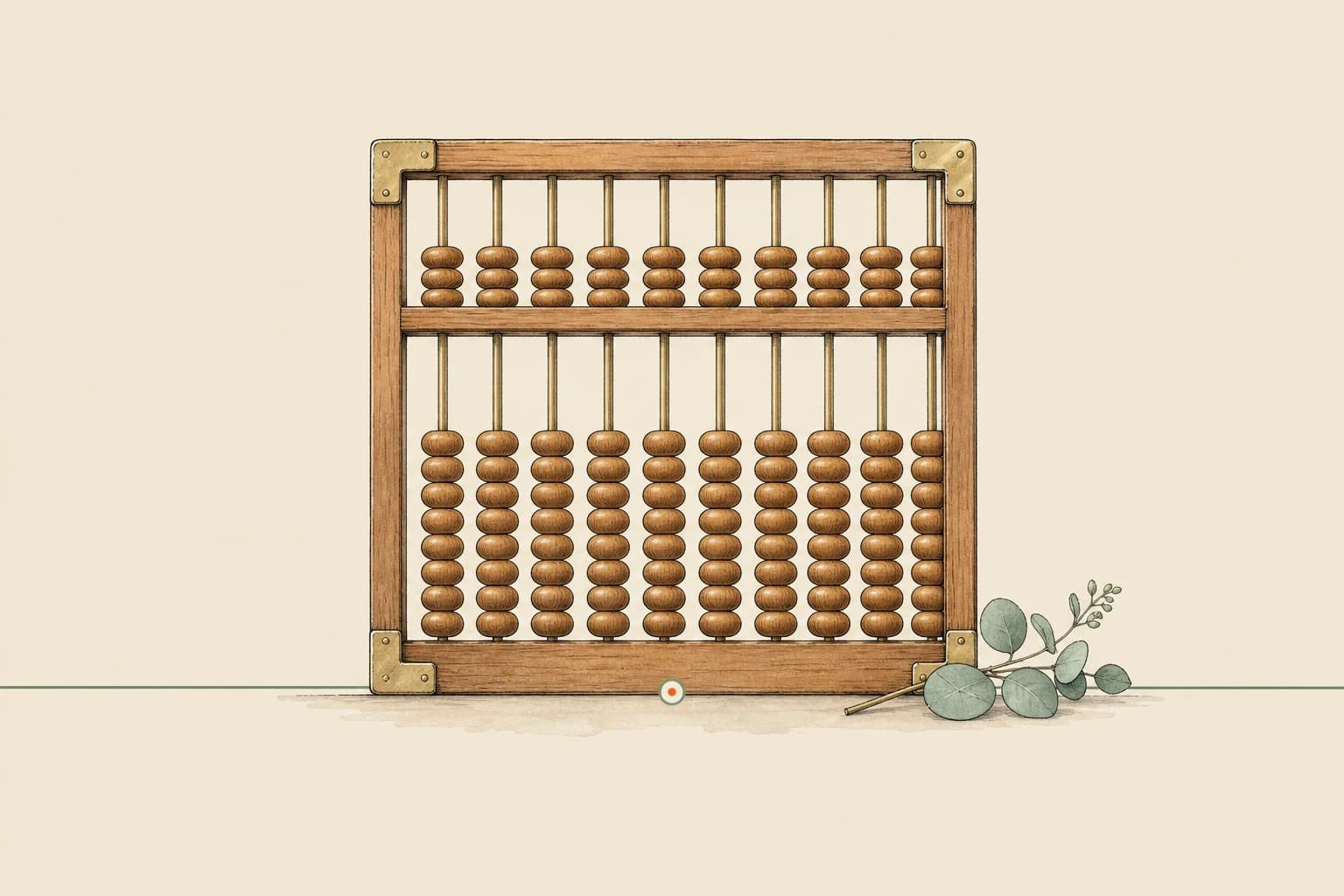 Hand-drawn timber-framed abacus with brass fittings, a eucalyptus sprig resting beside its base
