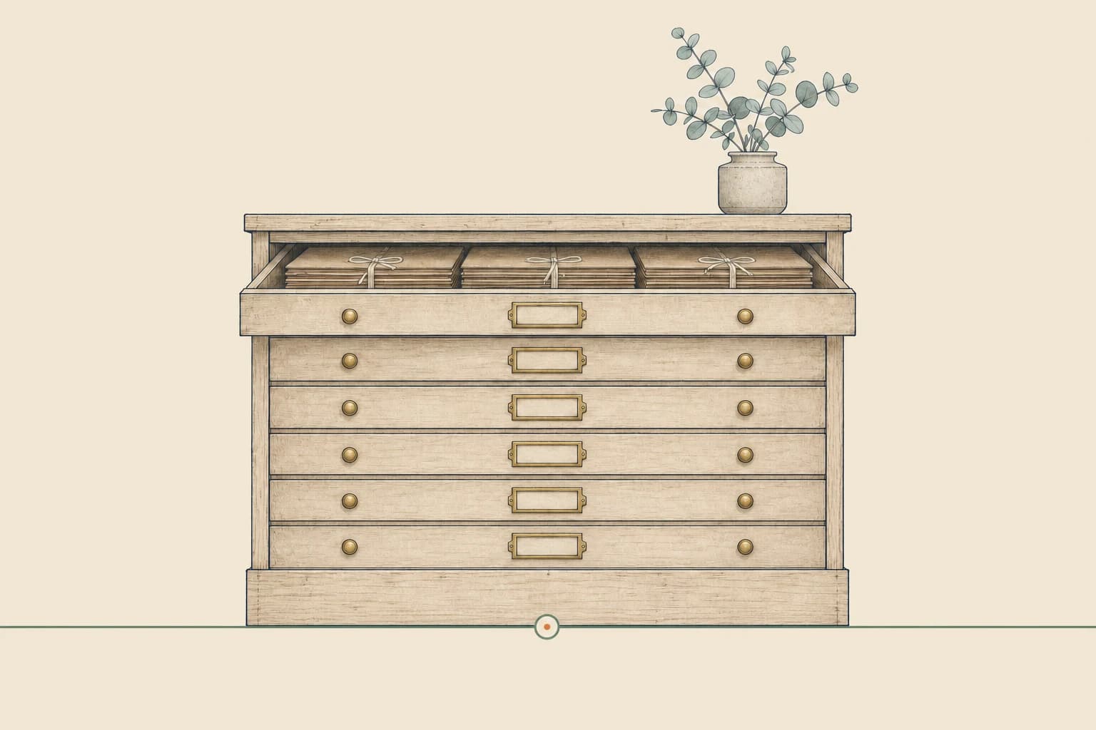 Hand-drawn timber plan cabinet with labelled drawers, one drawer open