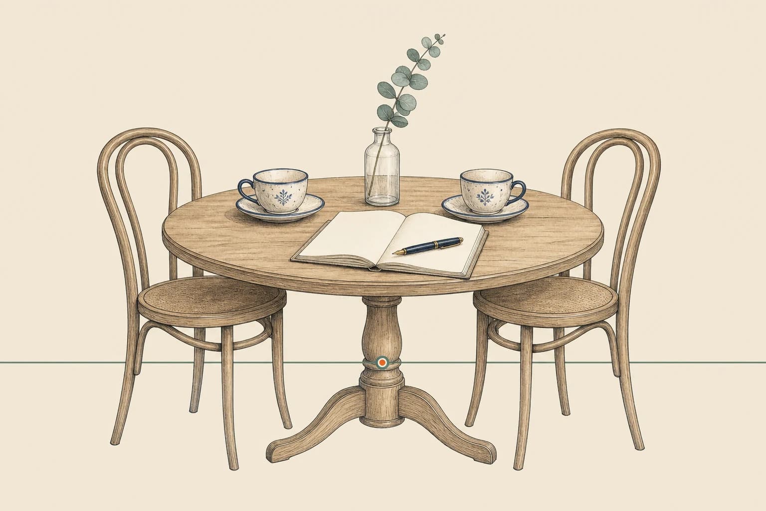 Hand-drawn kitchen table with two teacups and an open notebook in soft morning light