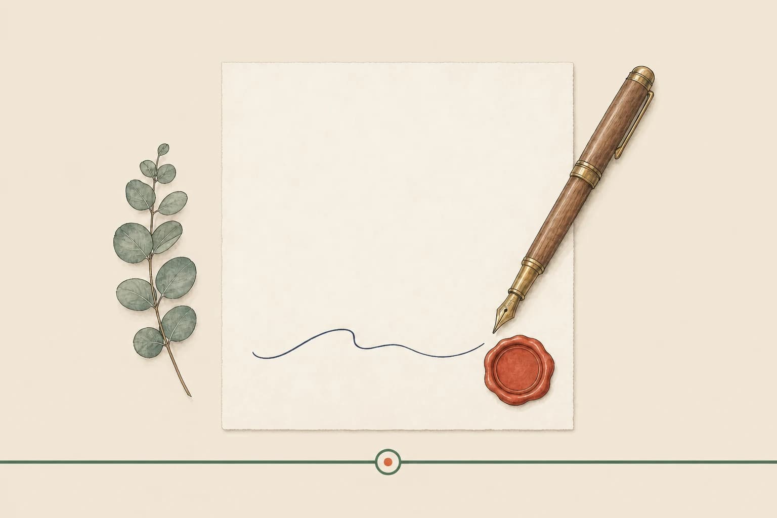 Hand-drawn fountain pen resting on a signed document with a red wax seal
