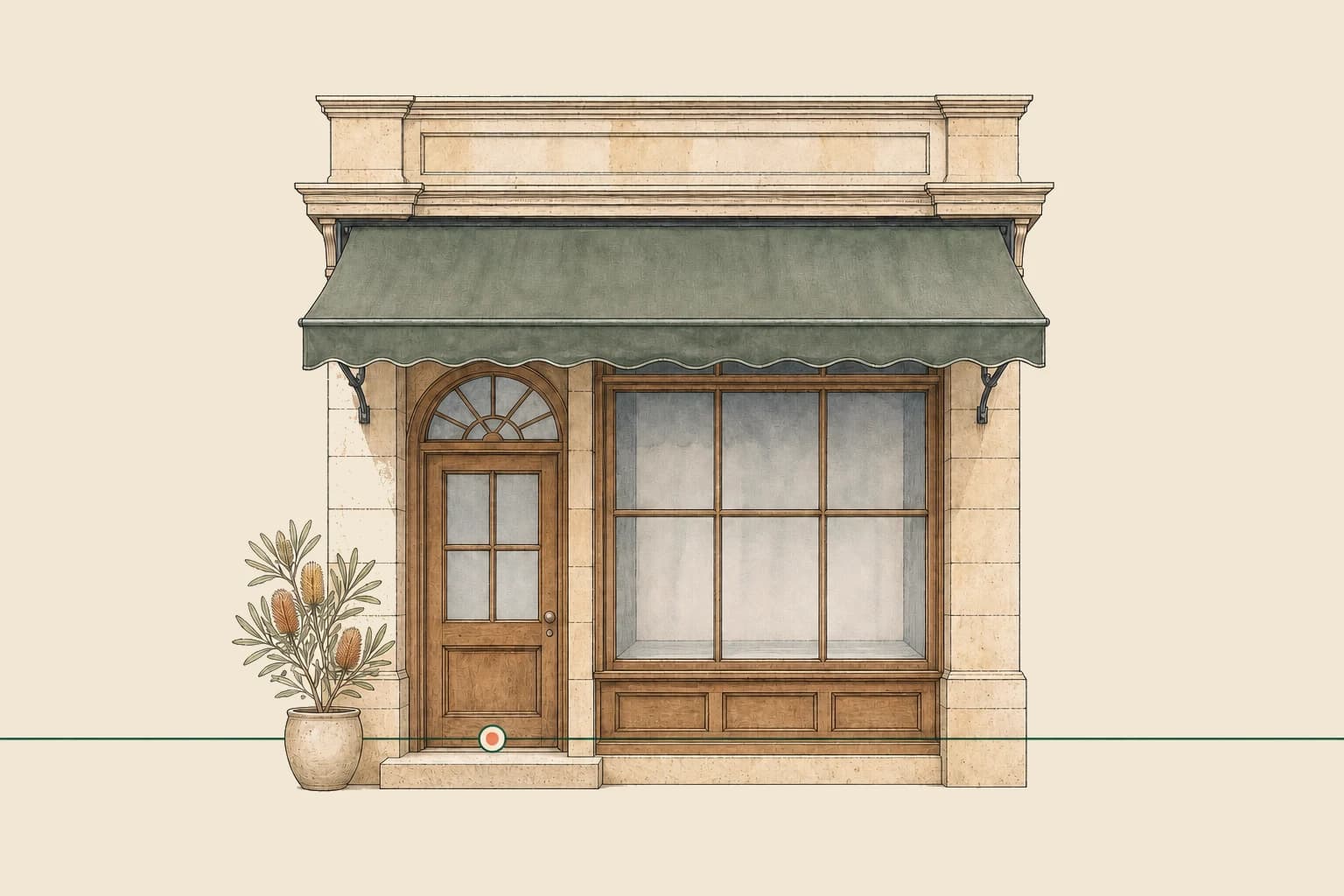 Hand-drawn elevation of a brokerage shopfront on drafting paper, with a pencil and set square resting beside it