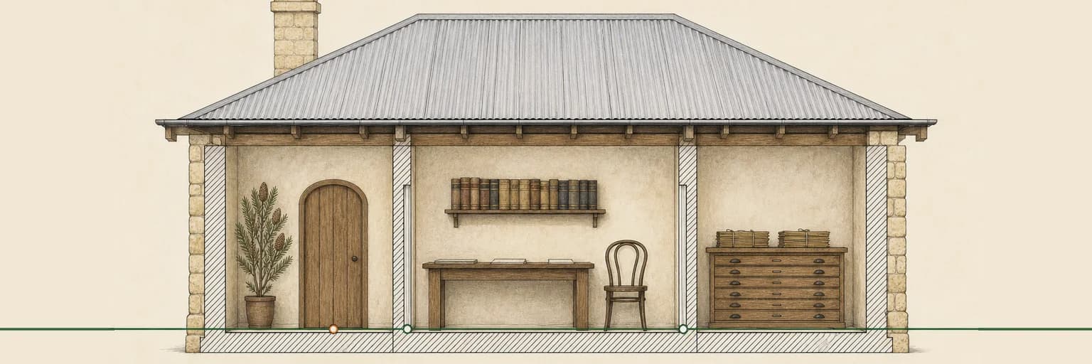 Hand-drawn cutaway of one building with three joined rooms: a client front door, a broker workroom and a records room