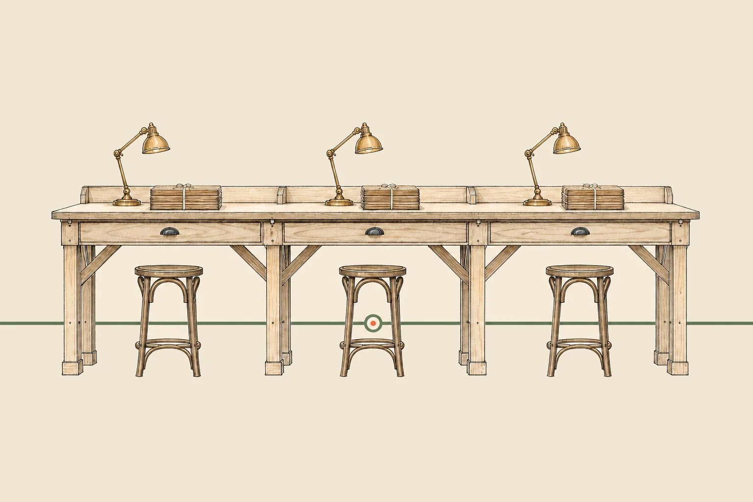 Hand-drawn shared drafting bench with three identical stations, each with its own stool, lamp and folios