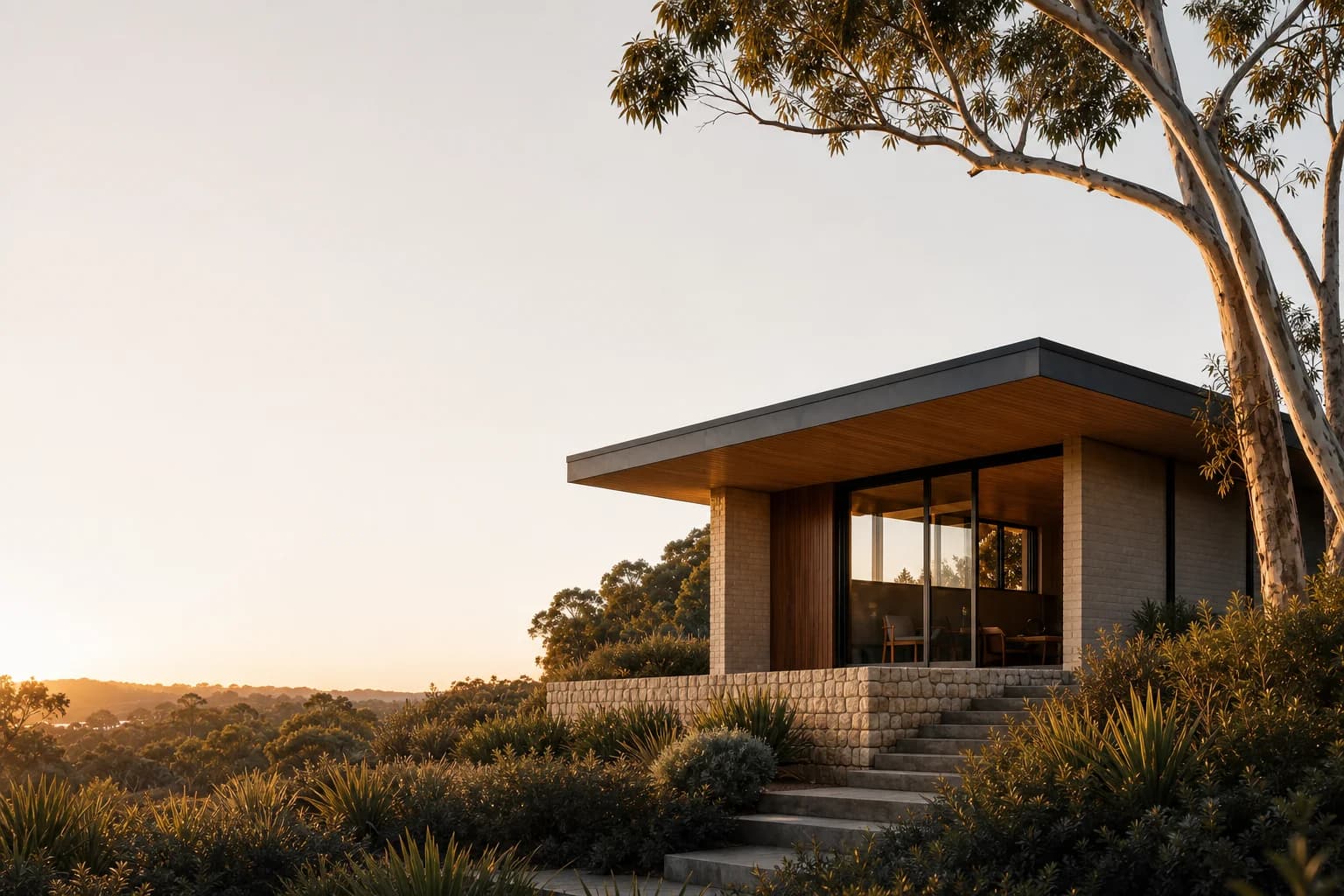 A contemporary Australian home among native bushland at golden hour