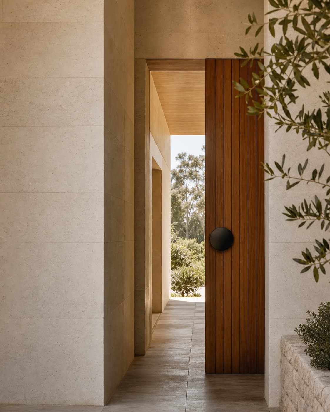 A timber door opening through a limestone home toward native trees