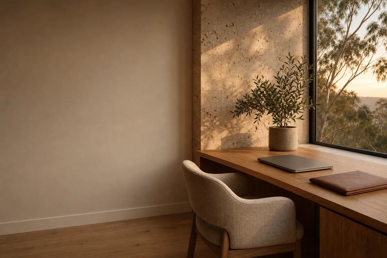 A calm Australian broker studio at golden hour with a timber desk and eucalyptus beyond the window