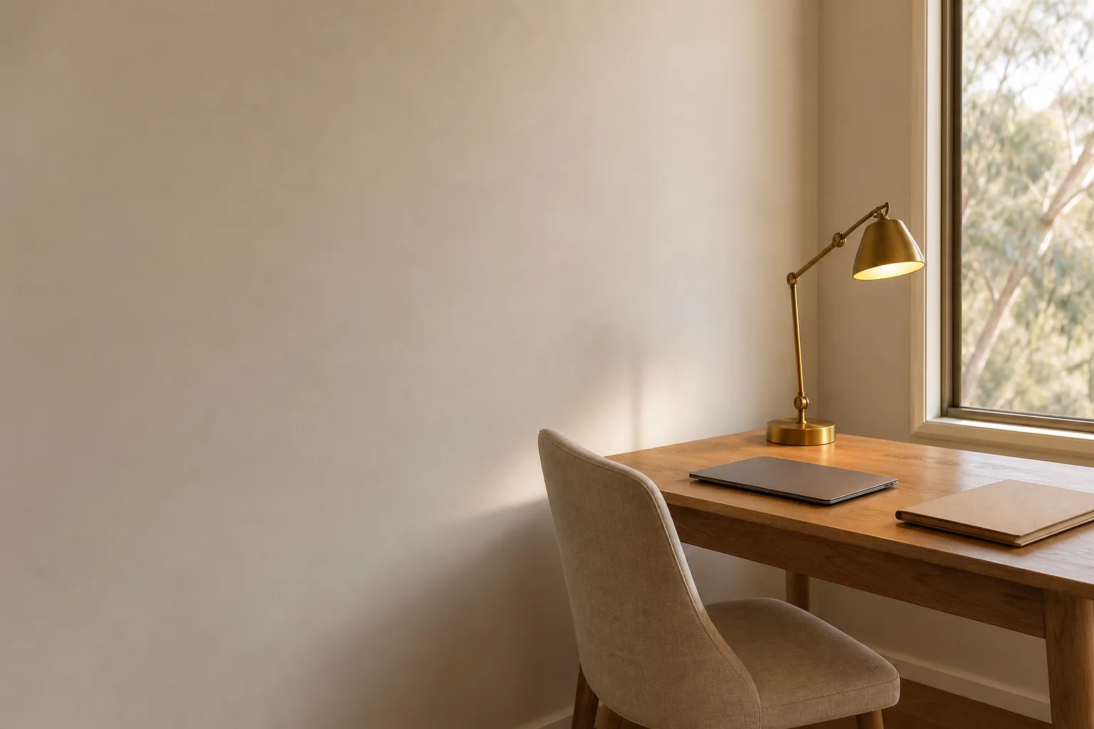 A solo broker's timber study at first light, lamp still glowing
