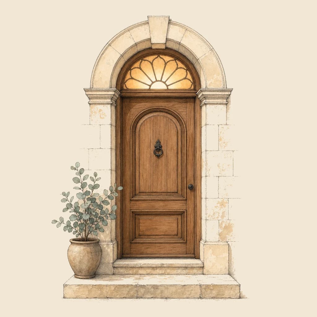 Hand-drawn arched timber front door with a warm glow through its fanlight