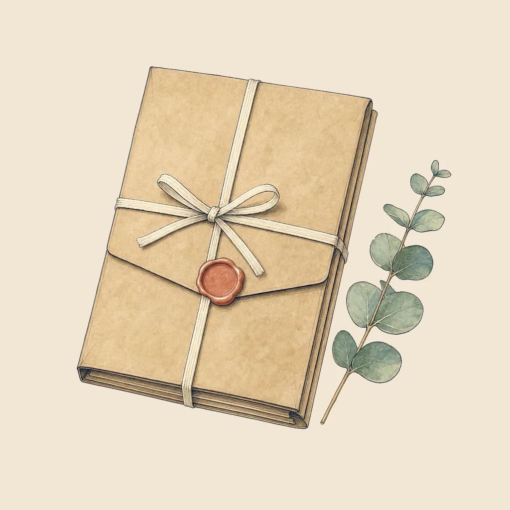 Hand-drawn kraft document folio tied with cord and sealed with red wax, beside a eucalyptus sprig