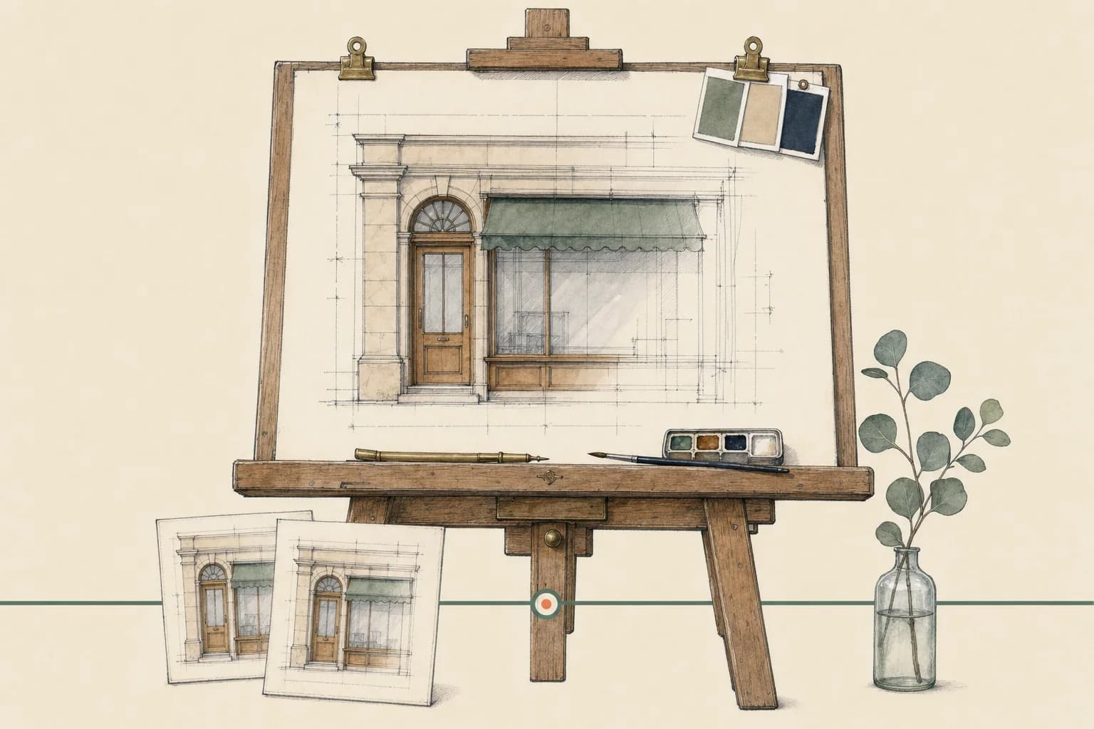 Hand-drawn studio easel holding a shopfront drawing mid-revision, with colour swatches clipped to the sheet and earlier versions leaning against its legs