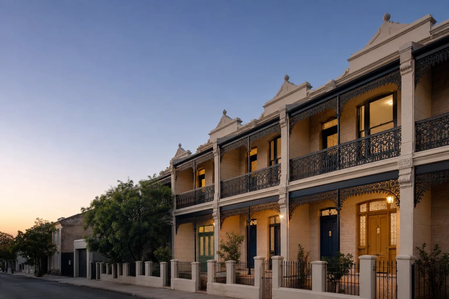 A row of restored Australian terrace houses at dusk, each front door painted a different colour