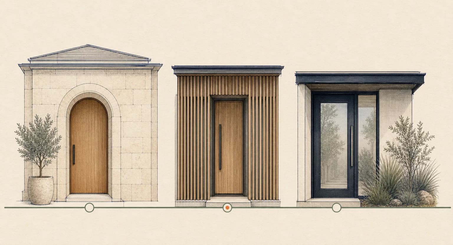 Three hand-drawn Australian entries, a limestone arch, a timber batten and a steel frame, joined by one continuous line