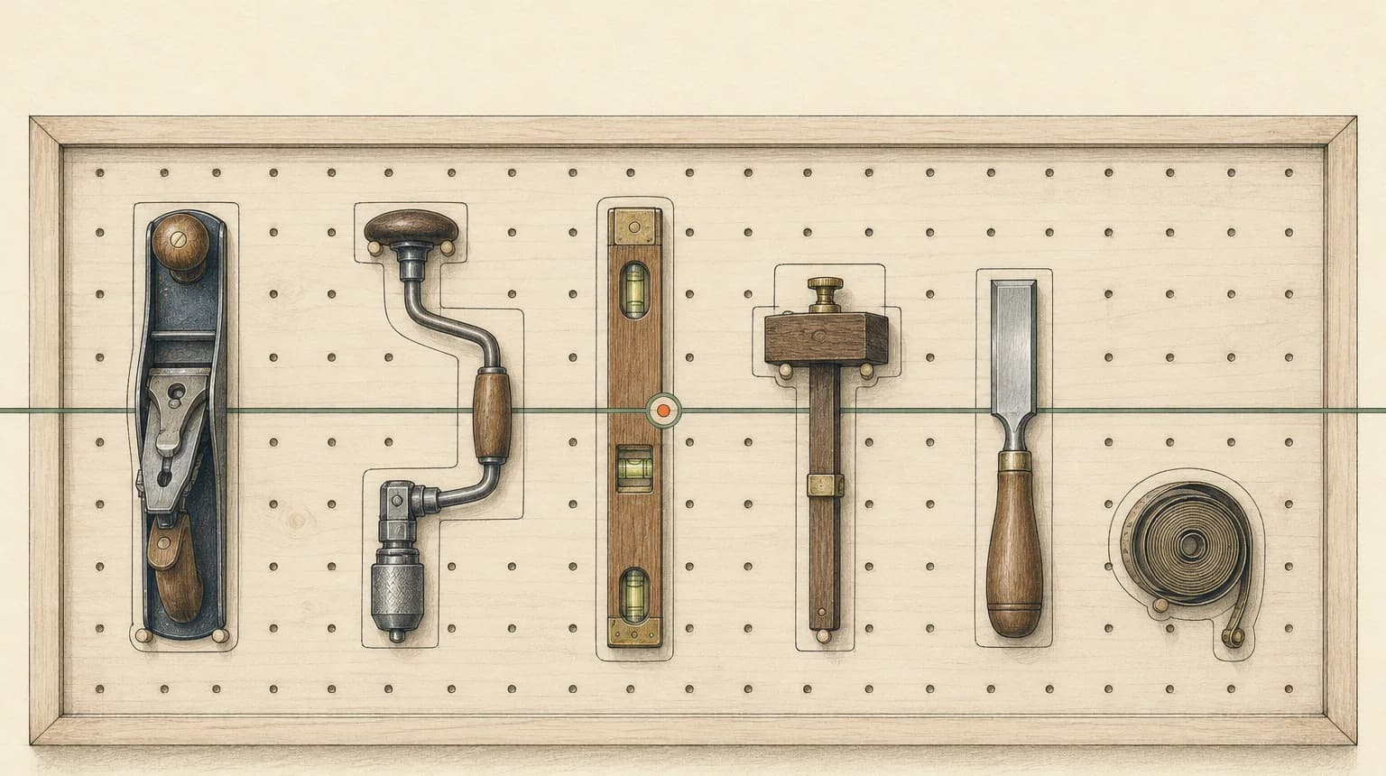 A hand-drawn tool wall — every tool respected, each in its own outline