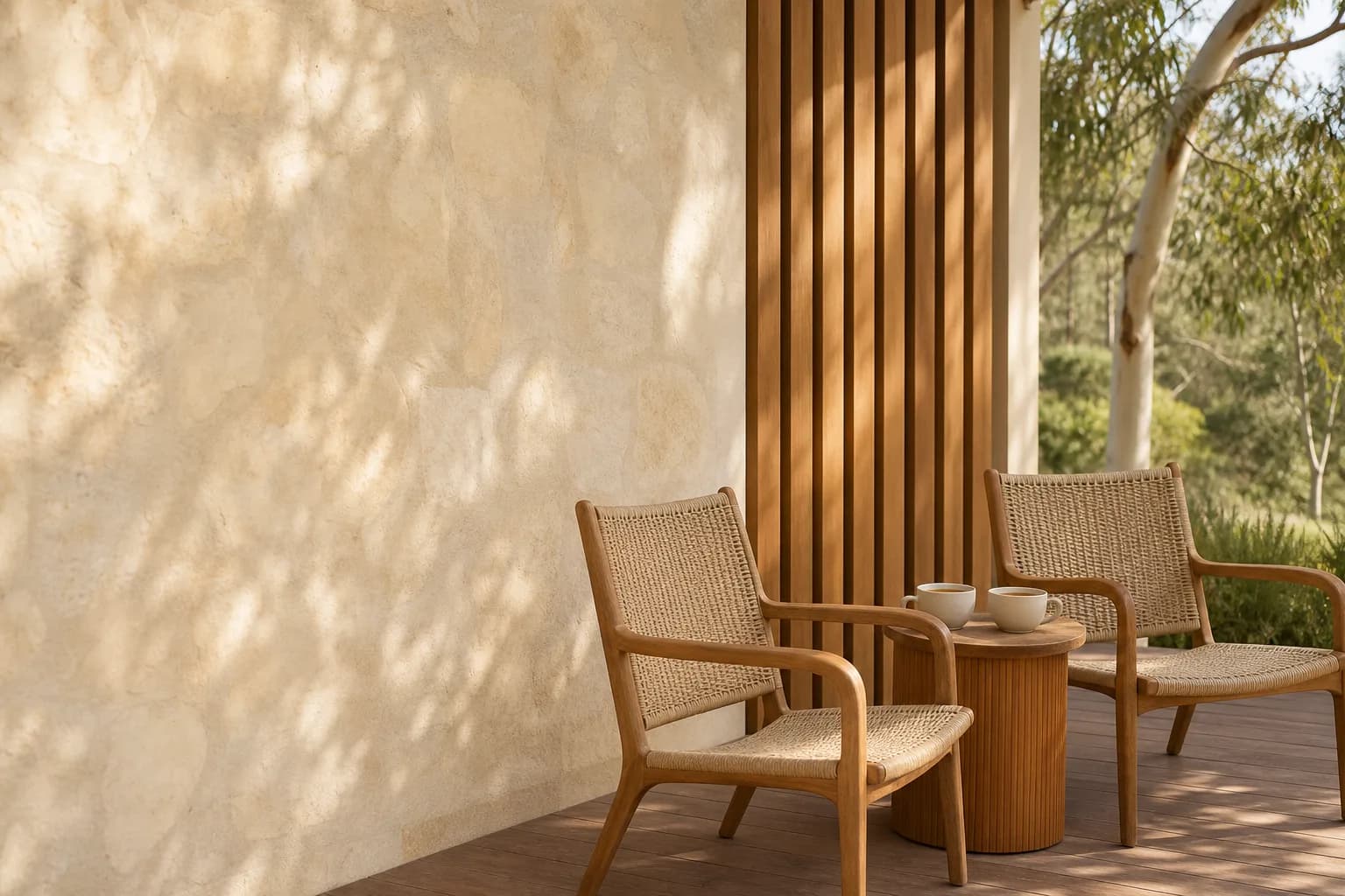 Two chairs and two cups of tea on a sunlit Australian verandah, eucalyptus shadows across the limestone wall